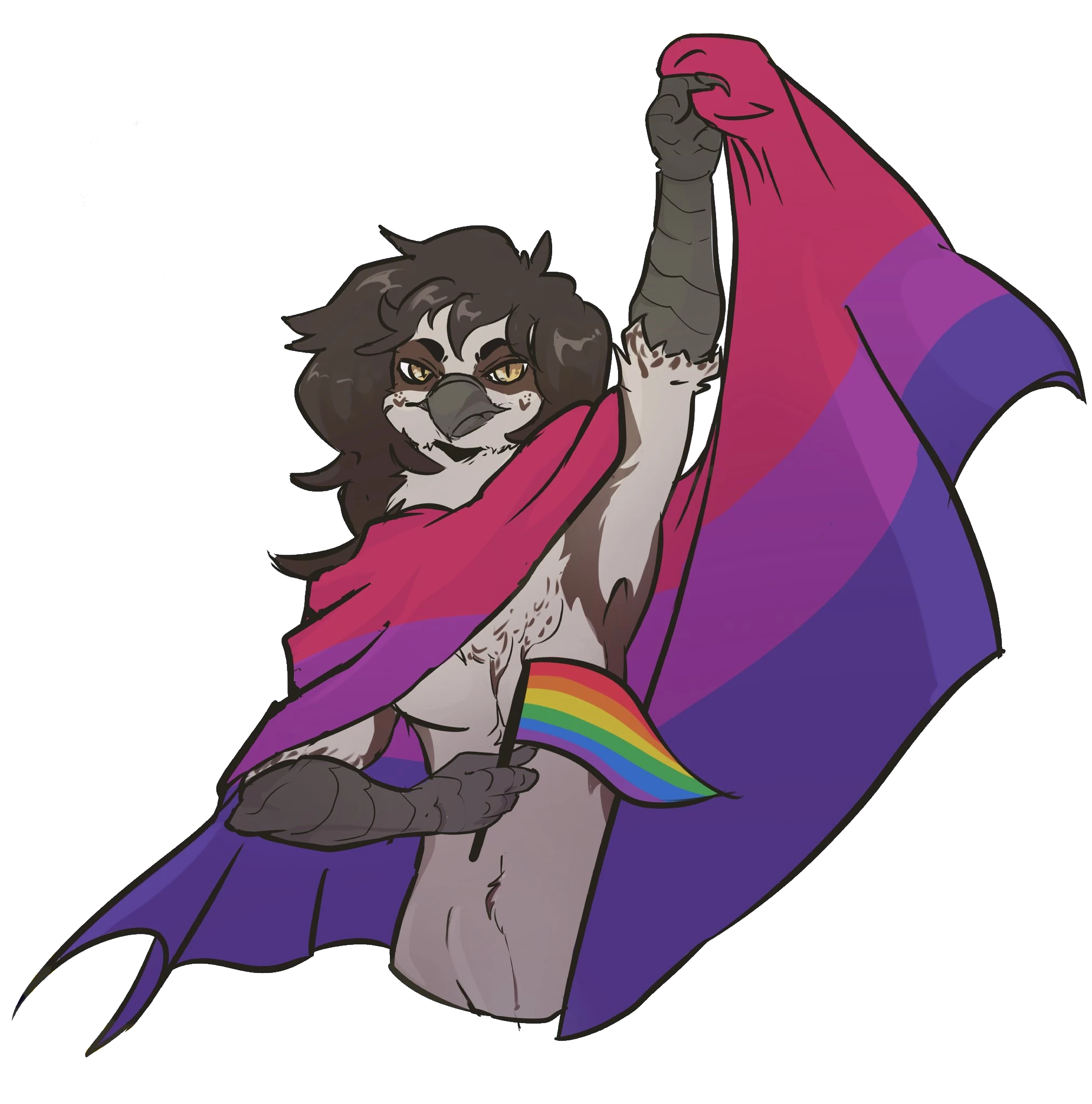 A digital drawing of an anthropomorphic osprey wearing a
					bisexual pride flag like a cape, holding one end of it into the air with his left hand while clutching a
					smaller rainbow flag to his chest with his right.